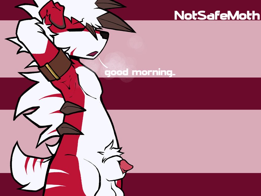 anthro bracelet fur genitals jewelry knot knotted_penis male penis red_body red_fur red_stripes sigh simple_background solo stretching stripes text white_body white_fur white_stripes yasterwolly nintendo pokemon giovanni_(yasterwolly) canid canine generation_7_pokemon lycanroc mammal midnight_lycanroc pokemon_(species) 4:3 english_text hi_res