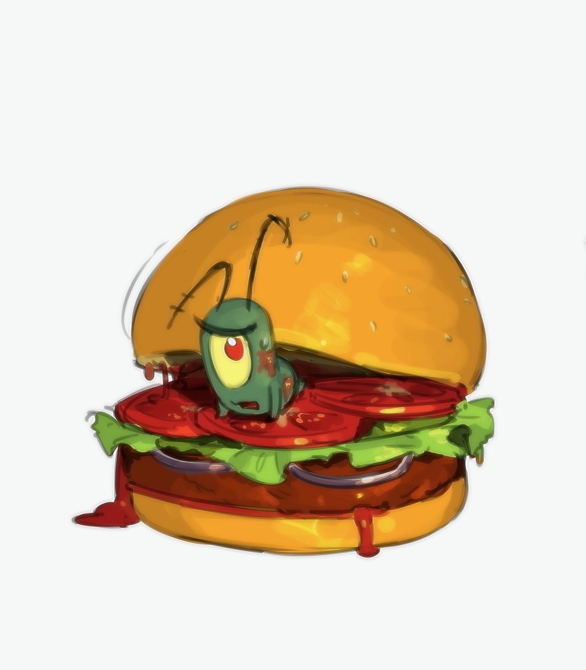 1_eye antennae_(anatomy) anthro blush bodily_fluids burger eyebrows food fruit glistening glistening_eyes green_body green_skin ketchup krabby_patty lettuce male micro on_model onion open_mouth pickle_(food) plant red_eyes simple_background solo sweat tomato tongue vegetable white_background yellow_sclera kogito nickelodeon spongebob_squarepants sheldon_j._plankton arthropod copepod crustacean marine maxillopod plankton_(species) 2023 digital_media_(artwork) hi_res