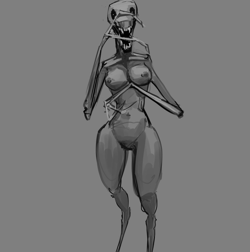 areola breasts claws featureless_crotch female long_claws looking_at_viewer nipples open_mouth sharp_teeth skinny slim solo teeth thick_thighs wide_hips meandraco humanoid monster absurd_res hi_res monochrome