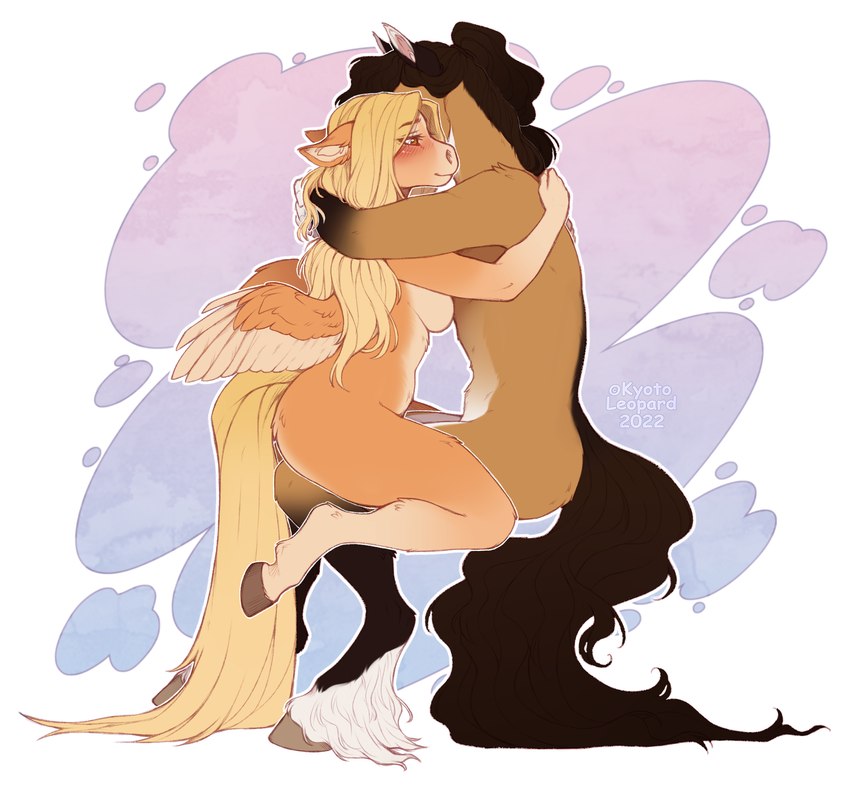 5_fingers anthro black_hair blonde_hair breasts duo eyebrows eyelashes feathered_wings feathers female fingers hair hooves hug male nude smile unguligrade wings kyotoleopard mythology diana_(kyotoleopard) equid equine mammal mythological_creature mythological_equine pegasus 2022 absurd_res digital_media_(artwork) hi_res