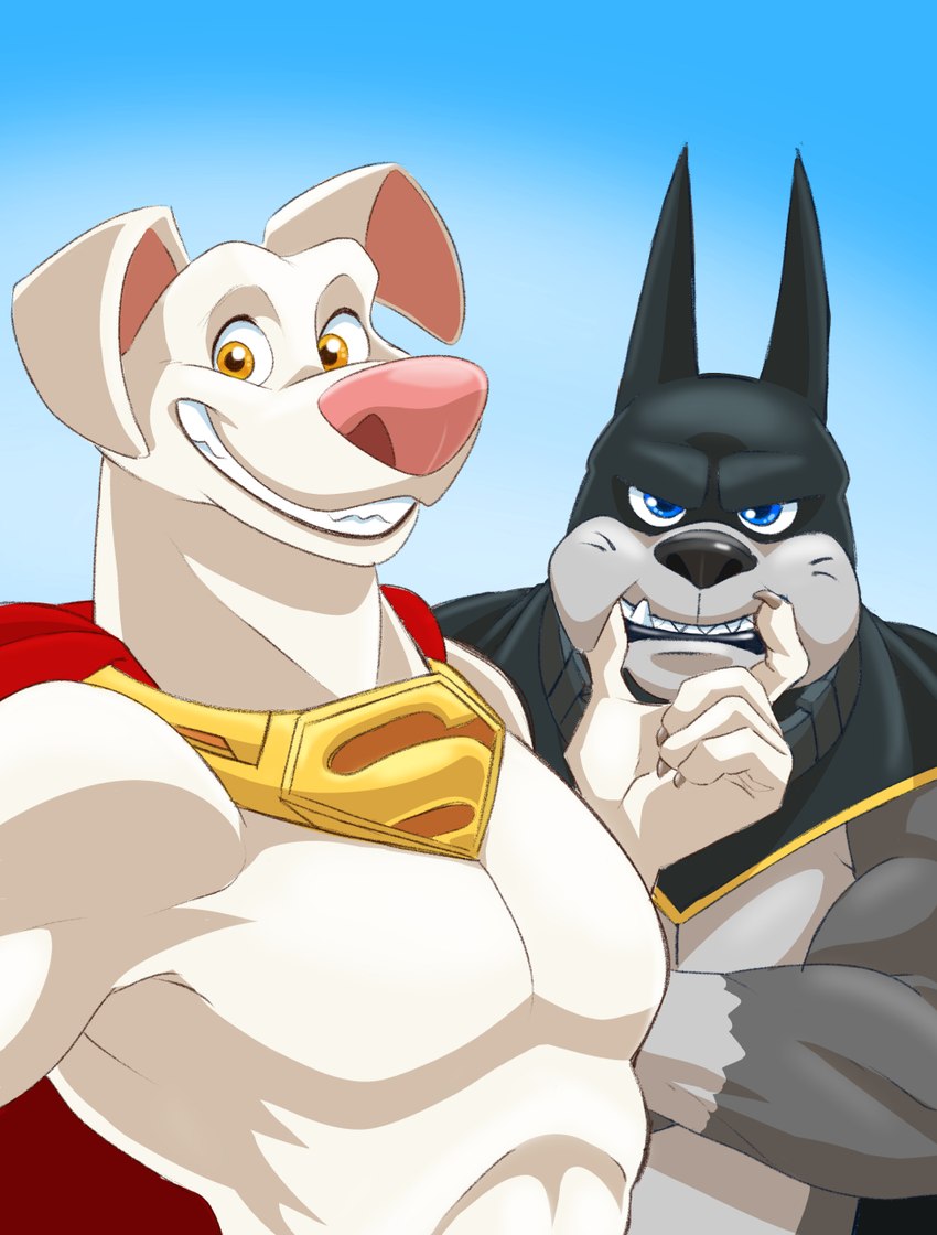 5_fingers abs angry anthro black_nose blue_background blue_eyes cape clothed clothing duo fingers fur male mask muscular pink_nose simple_background smile smiling_at_viewer superhero superpowers teeth topless topless_male yellow_eyes zurdomon dc_comics dc_league_of_super-pets ace_the_bat-hound krypto canid canine canis domestic_dog mammal pit_bull hi_res