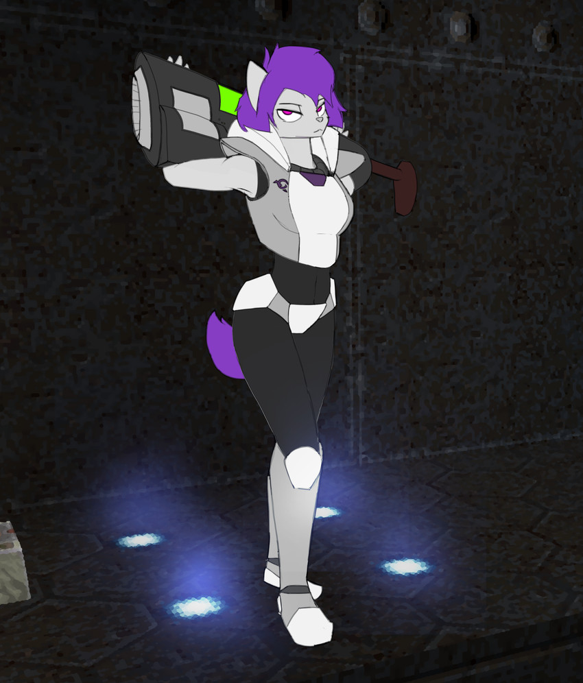 3d_background anthro biped female hair holding_object holding_weapon looking_at_viewer purple_hair railgun ranged_weapon solo standing weapon yoke_pose whike id_software microsoft quake absurd_res hi_res