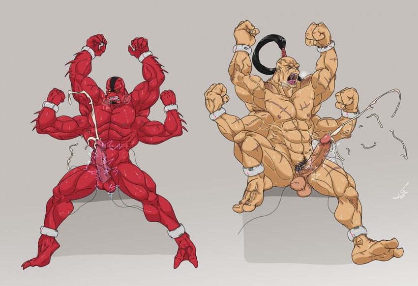 4_arms abs balls bodily_fluids duo ejaculation electrostimulation genitals male multi_arm multi_limb muscular muscular_humanoid muscular_male pecs penis scar spikes spikes_(anatomy) sweat vein veiny_muscles veiny_penis liushahuiyou ben_10 cartoon_network mortal_kombat four_arms_(ben_10) goro alien alien_humanoid humanoid shokan tetramand crossover hi_res