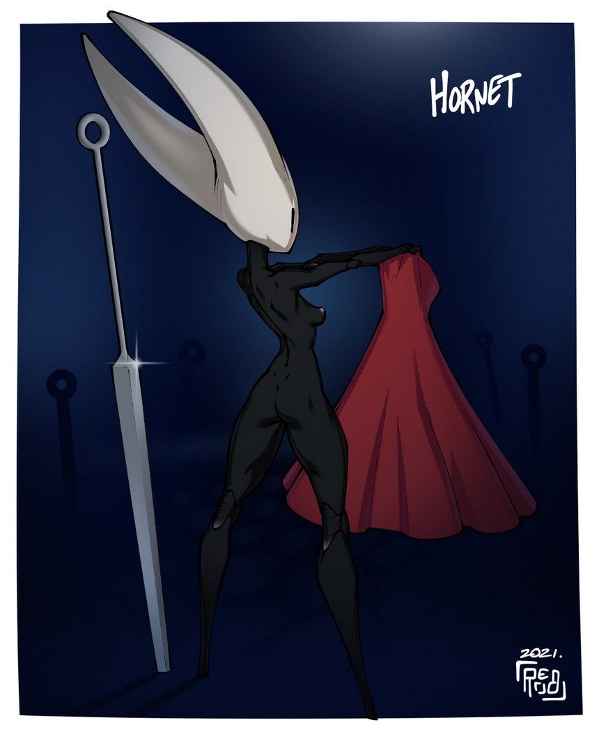 black_body breasts butt clothing dress featureless_feet feet female holding_clothing holding_object nipples non-mammal_breasts nude rear_view red_clothing red_dress small_breasts solo standing reabault hollow_knight team_cherry hornet_(hollow_knight) arthropod humanoid 2021 full-length_portrait hi_res portrait