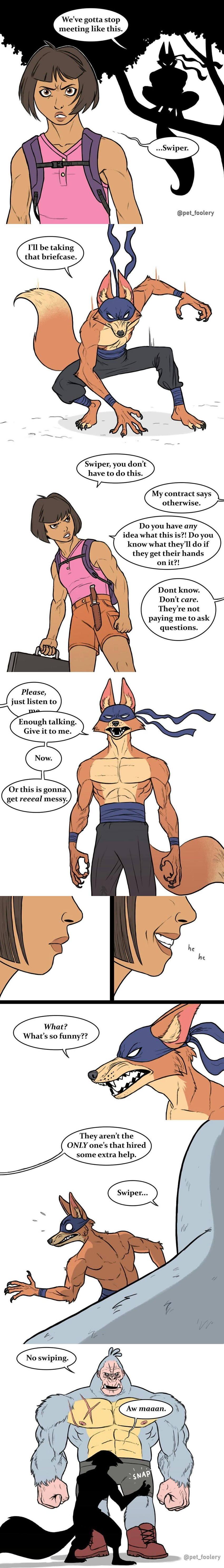 abs anthro biceps clothed clothing dialogue female group male muscular muscular_anthro muscular_female muscular_male parody pecs scar simple_background text topless trio vein veiny_muscles white_background pet_foolery dora_the_explorer boots_(dora_the_explorer) dora_marquez swiper_(dora_the_explorer) canid canine fox haplorhine human mammal monkey primate red_fox true_fox absurd_res comic english_text hi_res long_image tall_image