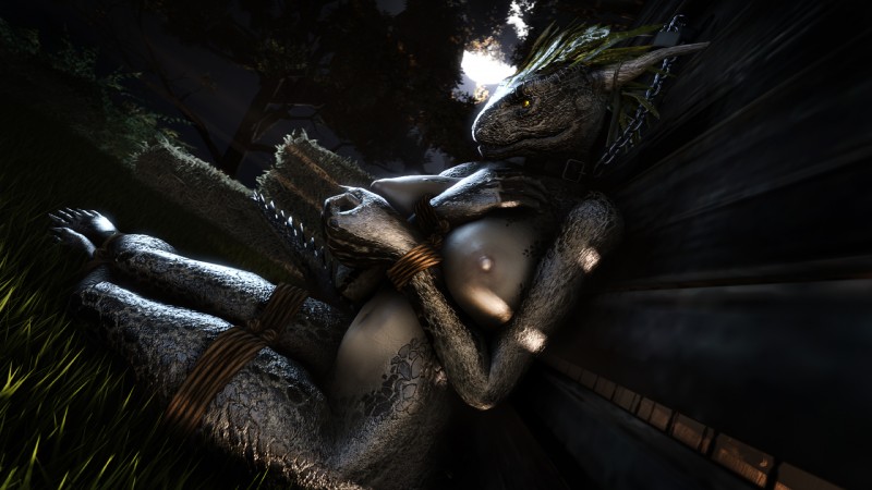 anthro bdsm bondage bound breasts chain clothed clothing collar feathers female horn nipples non-mammal_breasts nude outside rope solo topless muetank bethesda_game_studios microsoft skyrim the_elder_scrolls argonian scalie 16:9 2019 3d_(artwork) digital_media_(artwork) hi_res source_filmmaker_(artwork) widescreen