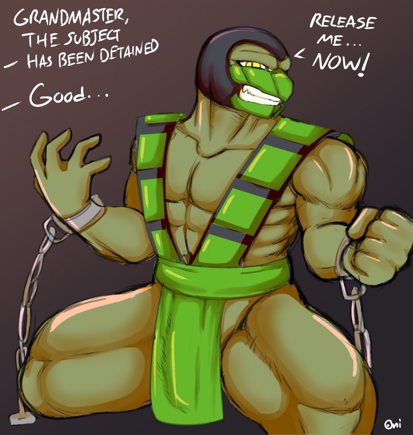 angry anthro barazoku bottomwear bound chain chained clothing dialogue faceplate imminent_rape imminent_sex loincloth male muscular muscular_male muscular_thighs solo text oni_draws mortal_kombat netherrealm_studios reptile_(mortal_kombat) reptile saurian_(mortal_kombat) scalie english_text hi_res