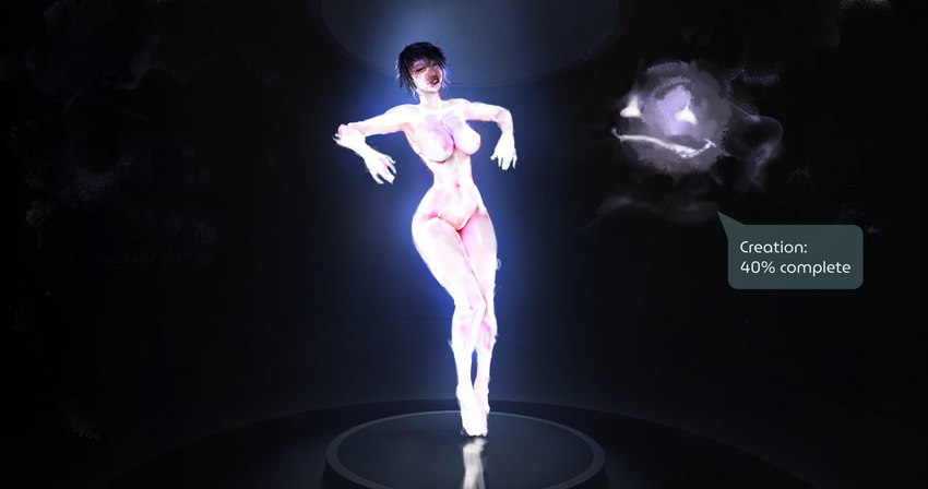 artificial_intelligence breasts covering covering_body eyes_closed female floating genitals glowing glowing_body nanite nanites nude open_mouth progress_display pussy convolute squel digital_creature human humanoid mammal dark_background hi_res