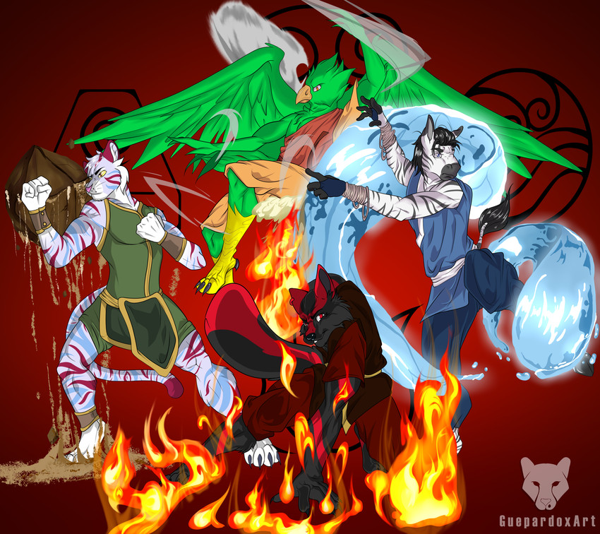 anthro clothing earth fire group looking_at_another looking_at_viewer male planet simple_background water guepardoxart avatar:_the_last_airbender nickelodeon avian bird canid canine canis equid equine felid mammal pantherine tiger wolf zebra absurd_res hi_res