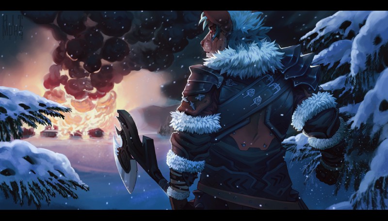 5_fingers anthro black_bars black_body black_fur clothed clothing detailed_background fingers fire fur holding_object holding_weapon snow solo standing weapon hitmore canid canine mammal 2018 digital_media_(artwork) letterbox