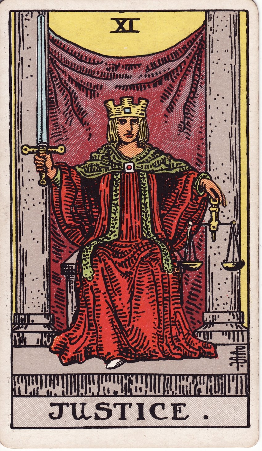 ambiguous_gender card clothed clothing crown detailed_background headgear holding_melee_weapon holding_object holding_scales holding_sword holding_weapon human_only inside justice_(tarot) major_arcana melee_weapon not_furry pillar roman_numeral scales_(measuring) sitting solo sword tarot tarot_card text weapon pamela_colman_smith human mammal 1910 20th_century ancient_art english_text hi_res signature