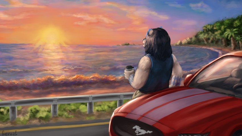 against_surface against_vehicle anthro beach beverage coffee male road road_trip sea seaside solo sunrise travel vehicle water wave gevual ford ford_mustang journey xaverlion felid lion mammal pantherine hi_res