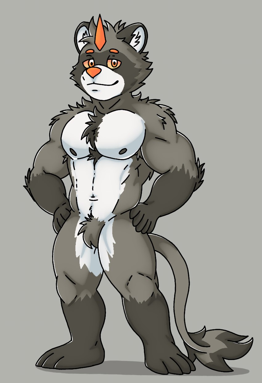 abs anthro barazoku belly biceps big_chest black_body black_fur body_hair chest_fur chest_hair chest_tuft eyebrows fur grey_body grey_fur hand_on_hip horn looking_at_viewer male muscular muscular_anthro muscular_male navel nipples nude nude_anthro nude_male orange_eyebrows orange_eyes orange_horn orange_nose pecs simple_background solo tuft white_belly white_face yellow_sclera rjquaty mythology the_non_raccoon dulka_(the_non_raccoon) dragon hybrid kirin mammal mythological_creature mythological_scalie procyonid raccoon scalie absurd_res full-length_portrait hi_res portrait