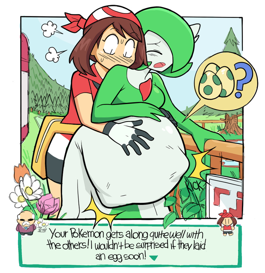 abdominal_bulge ambiguous_gender belly big_belly breasts brown_hair clothing duo female female_pred green_hair hair hand_on_belly headscarf outside pregnant red_clothing simple_background speech_bubble text vore white_body lewdlemage nintendo pokemon may_(pokemon) pokemon_trainer gardevoir generation_3_pokemon human mammal pokemon_(species) 2017 english_text