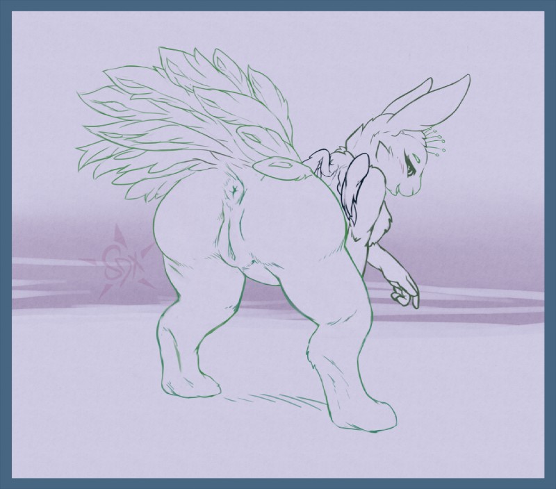 anthro anus bent_over big_butt blush butt feathered_wings feathers female fur genitals looking_at_viewer looking_back nude presenting pussy raised_tail smile solo tail text wings starman_deluxe avian bird galliform hybrid lagomorph mammal peafowl phasianid skvader 2016 english_text sketch