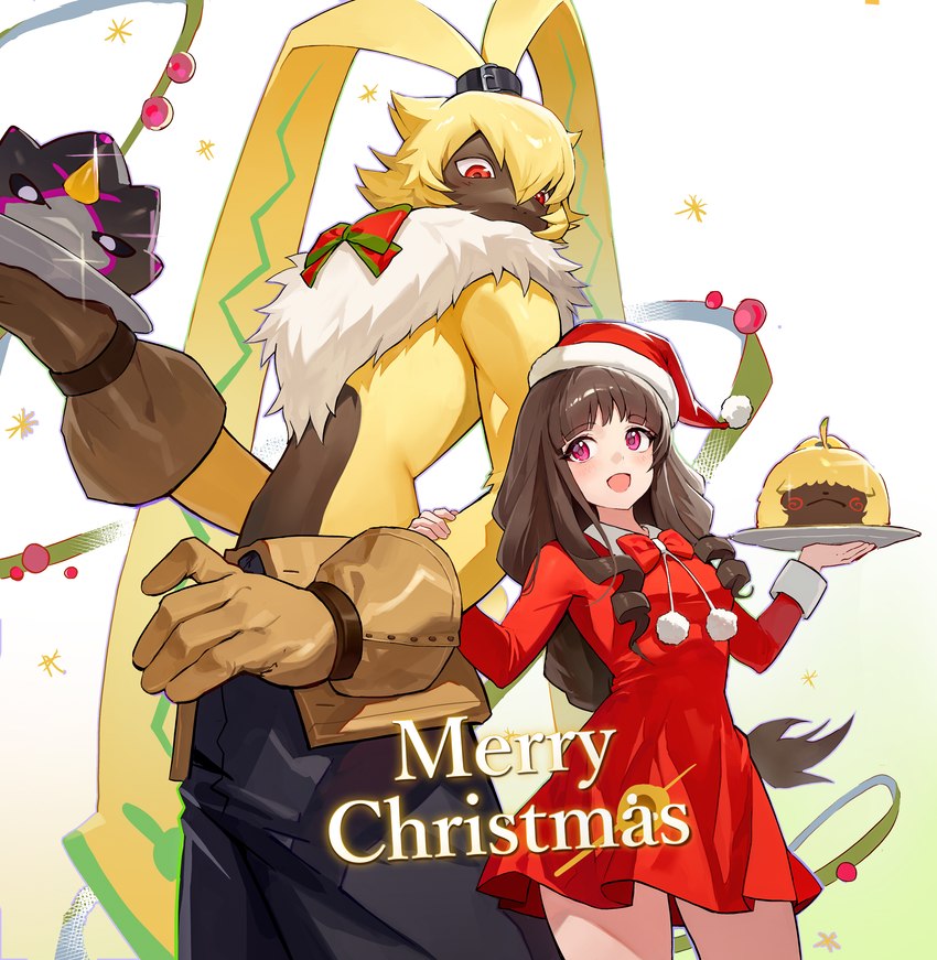 anthro bottomwear brown_hair cake christmas_clothing christmas_headwear clothing dessert dress duo female fluffy_chest food fur gloves hair handwear hat headgear headwear holidays long_ears long_hair male orange_eyes pants santa_hat smile yellow_body yellow_fur muna_digimon bandai_namco christmas digimon digimon_ghost_game ruri_tsukiyono angoramon digimon_(species) gulusgammamon human mammal symbareangoramon absurd_res hi_res