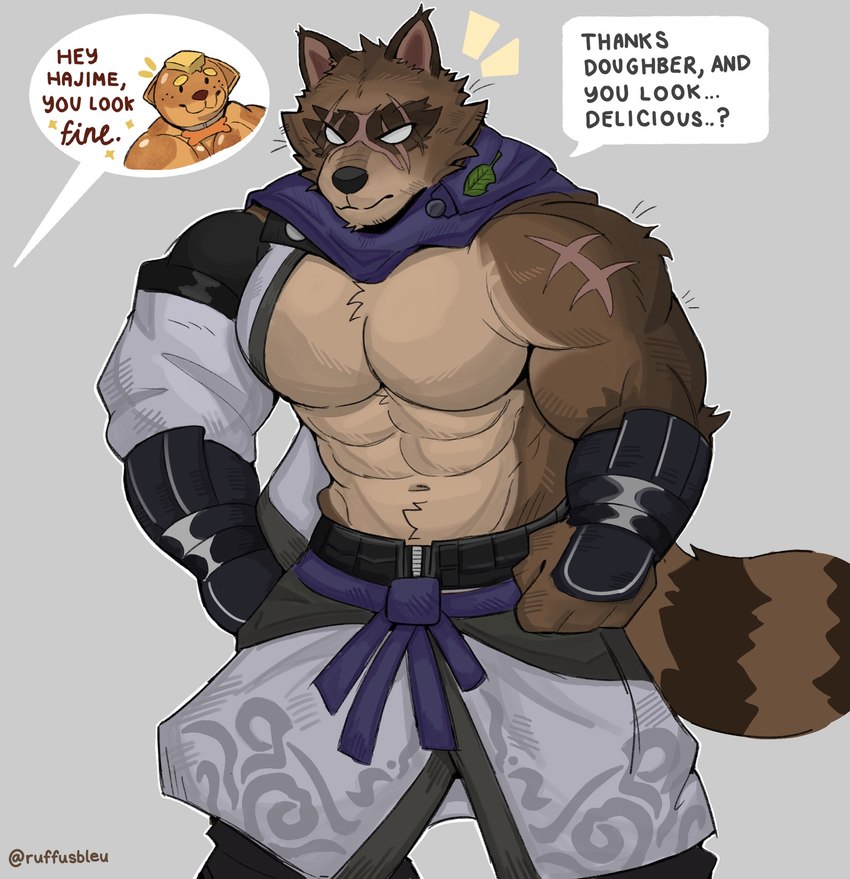 5_fingers abs anthro biceps biped dialogue fingers food grey_background humanoid_hands male muscular muscular_anthro muscular_male navel pecs simple_background solo_focus speech_bubble standing text ruffusbleu epic_games fortnite doughberman hajime_(fortnite) canid canine food_creature mammal raccoon_dog tanuki 2025 colored english_text hi_res signature