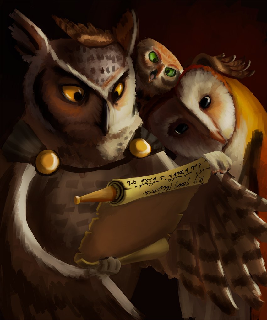 amber_eyes ambiguous_gender beak brown_body cloak clothing fantasy feathered_wings feathers feral green_eyes group scroll simple_background text white_body white_feathers wings jakeseeker avian barn_owl bird horned_owl owl true_owl tyto tytonid hi_res