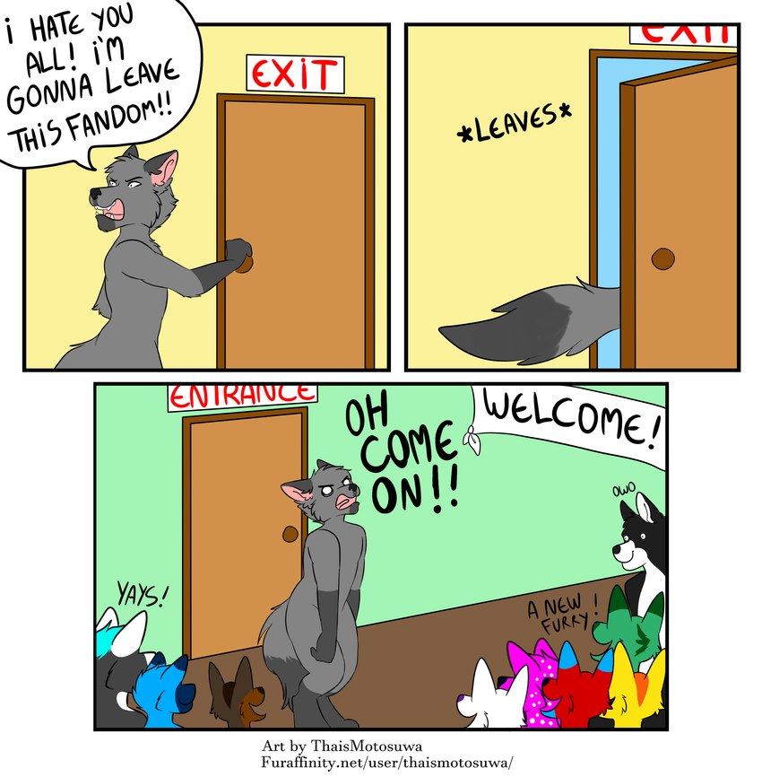 angry anthro convention dialogue door doorway event fandom funny_face group humor inside male party text conditional_dnp thaismotosuwa canid canine canis domestic_dog mammal wolf 2019 absurd_res comic english_text hi_res meme url