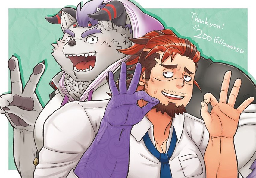 anthro clothing duo facial_hair fur gesture hair hand_gesture hoodie male necktie pecs purple_hair scar smile topwear v_sign white_body white_fur tyumuta_03 lifewonders tokyo_afterschool_summoners behemoth_(tas) boogeyman_(tas) human mammal monster