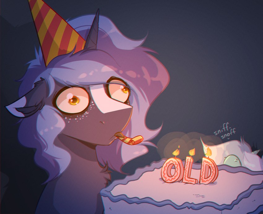 birthday birthday_cake blaze_(marking) cake chest_tuft clothing derp_eyes dessert facial_markings feral food hat head_markings headgear headwear horn male markings party_hat party_horn sniffing tuft witchtaunter friendship_is_magic hasbro my_little_pony mythology fan_character lyra_heartstrings_(mlp) witching_hour equid equine mammal mythological_creature mythological_equine unicorn 2023 hi_res