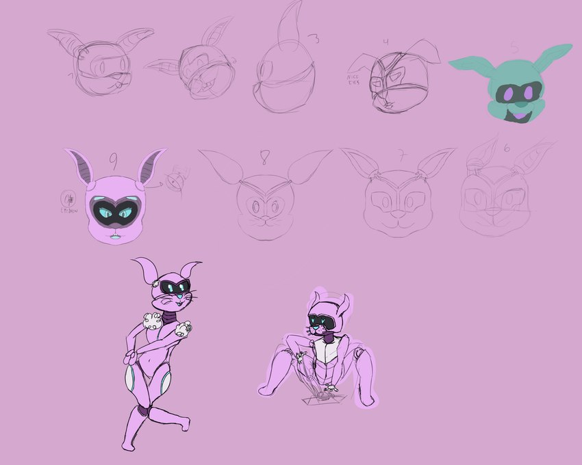 anthro biped disembodied_head female long_ears machine pink_background pink_body shoulder_fluff simple_background solo visor m3g4 unnamed_character android lagomorph leporid mammal rabbit robot 2023 5:4 absurd_res digital_media_(artwork) hi_res multiple_images sketch sketch_page