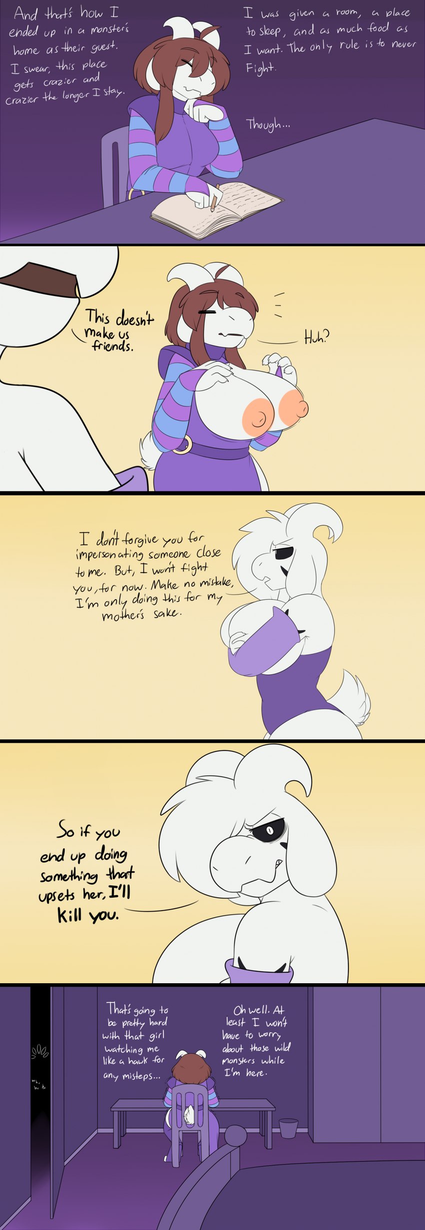 anthro areola bed breasts brown_hair chair clothing crossgender duo eyebrows female fingers fur furniture hair horn mtf_crossgender nipples on_chair purple_clothing scut_tail short_tail sitting sitting_on_chair table tail text white_body white_fur robertge undertale undertale_(series) asriel_dreemurr_(god_form) frisk_(robertge) frisk_(undertale) bovid caprine goat mammal 2025 absurd_res english_text hi_res