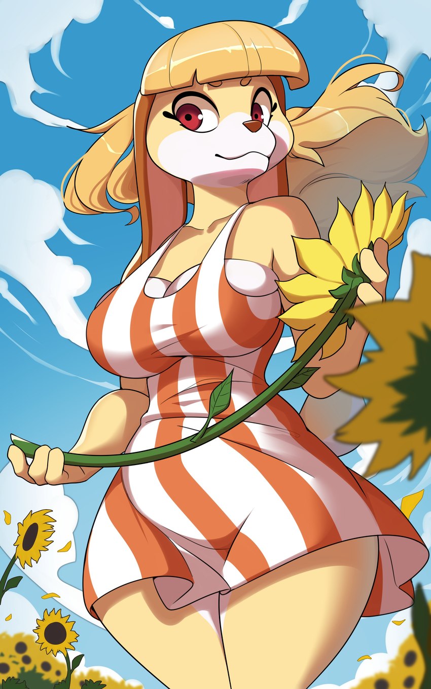 anthro bangs big_breasts biped blonde_hair blue_sky breasts clothed clothing cloud dress female flower front_view fur hair holding_flower holding_object looking_at_viewer outside pattern_clothing pattern_dress plant red_eyes sky solo standing striped_clothing striped_dress stripes sunflower wide_hips yellow_body yellow_fur amberpendant al_(skorch_voluntar) canid canine canis domestic_dog mammal 2023 5:8 absurd_res hi_res