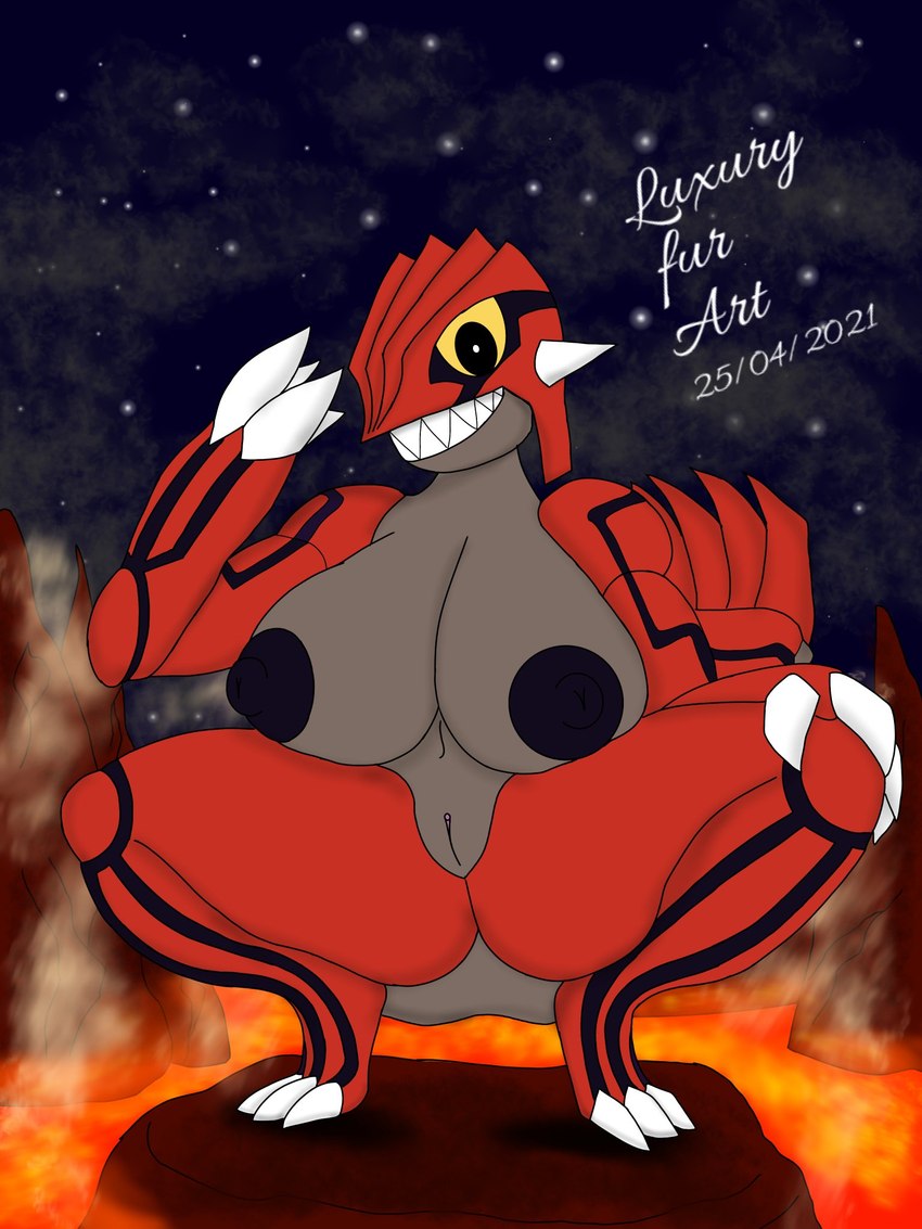 anthro big_breasts breasts claws female genitals huge_breasts looking_at_viewer nipples nude pussy smile solo spikes teeth thick_thighs luxury_furart nintendo pokemon generation_3_pokemon groudon legendary_pokemon mammal pokemon_(species) scalie 3:4 digital_media_(artwork) hi_res