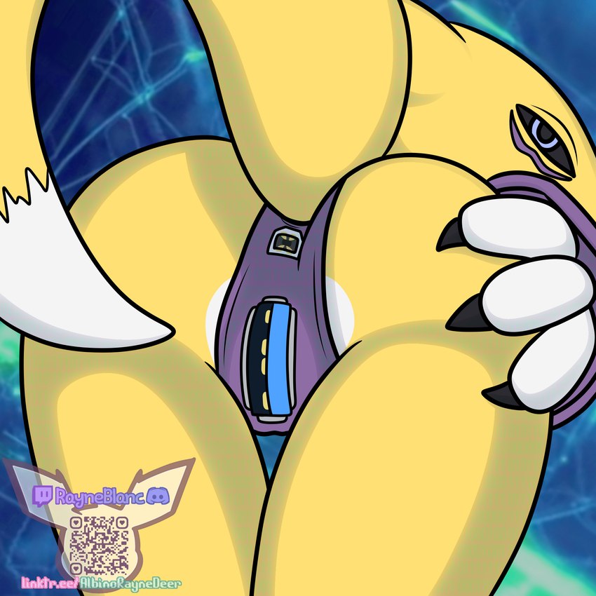 anthro bikini bikini_bottom butt butt_grab clothing female hand_on_butt looking_at_viewer looking_back qr_code raised_tail solo swimwear tail two-piece_swimsuit usb_port albinoraynedeer bandai_namco digimon canid digimon_(species) mammal renamon 1:1 hi_res