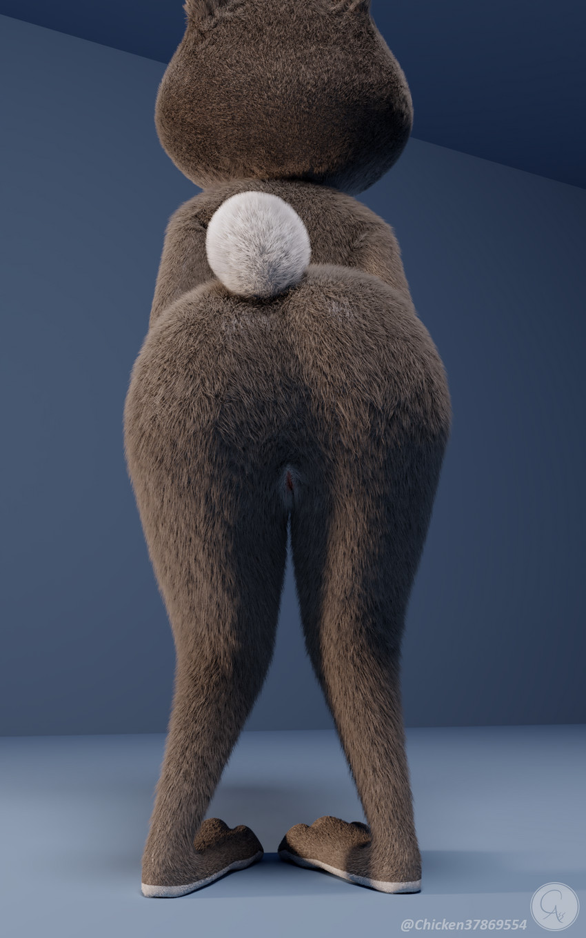 anthro bent_legs butt female fur genitals nude pussy realistic_fur simple_background solo text chickenass disney zootopia judy_hopps lagomorph leporid mammal rabbit 3d_(artwork) 5:8 digital_media_(artwork) hi_res