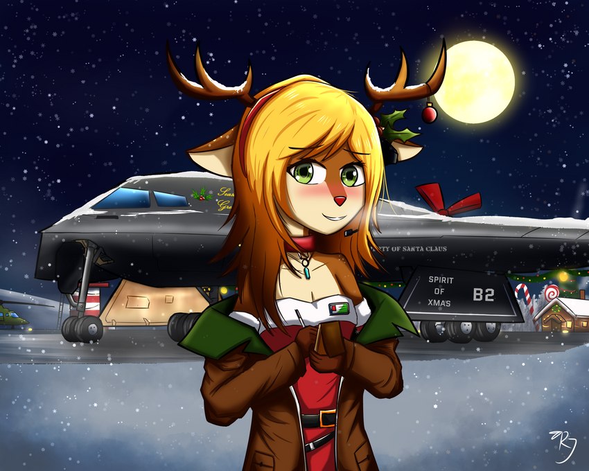 accessory air_base air_force aircraft airplane anthro antlers b2_spirit biped blonde_hair blush bomber bow_(feature) bow_accessory bow_ribbon breasts brown_body brown_clothing brown_jacket brown_topwear christmas_clothing christmas_decorations christmas_dress christmas_headwear christmas_lights christmas_ornament christmas_tree clothed clothing coat collar dress female green_eyes hair hair_accessory hair_bow hair_ribbon headband headgear headwear helicopter holidays horn jacket light long_hair looking_at_viewer machine medium_breasts merry_christmas military moon moonlight night off_shoulder plant red_clothing red_collar red_dress red_nose ribbons runway santa_dress sky smile snow solo standing star starry_sky stealth text topwear tree vehicle winter wooden_house railjet b-2 christmas northrop_grumman u.s._air_force jocelyn_(railjet) deer mammal new_world_deer reindeer 5:4 digital_media_(artwork) english_text hi_res