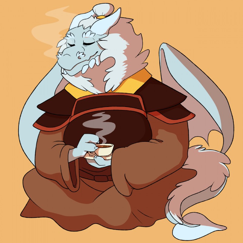 beverage clothing cosplay fur hair hair_bun male smile solo tail tea uniform wings dualjuice avatar:_the_last_airbender mythology nickelodeon iroh rime dragon furred_dragon furred_scalie mythological_creature mythological_scalie scalie 1:1 hi_res