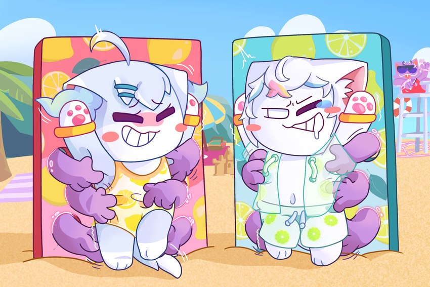 beach clothing duo female gameshow punishment seaside swimwear tickle_torture tickling torture dollytraiter07 dnaxcat domestic_cat felid feline felis mammal 3:2 hi_res