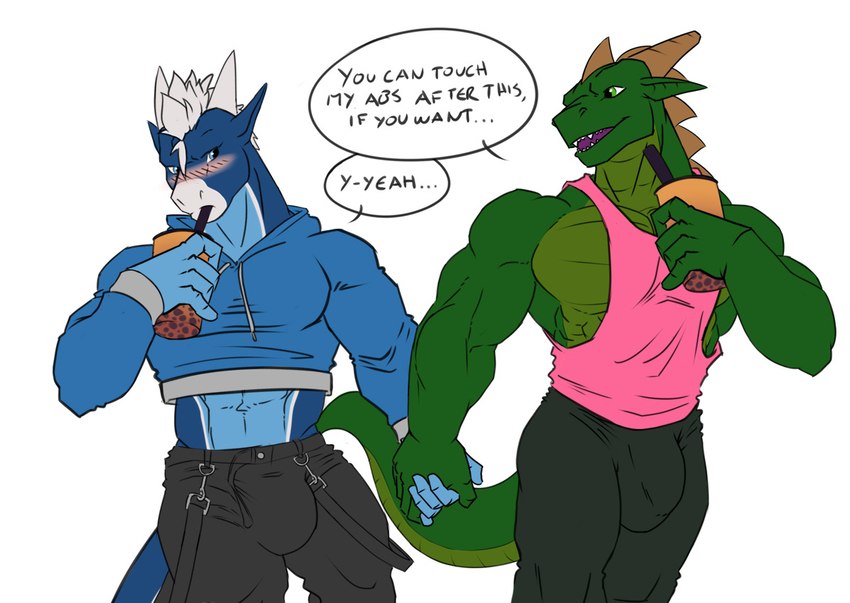 abs anthro beverage biceps blush bubble_tea bulge clothing detailed_bulge duo genital_outline hand_holding male male/male muscular muscular_male pecs penis_outline shirt simple_background tail tank_top topwear white_background saruuk mythology nighdruth_(character) sar dragon lizard mythological_creature mythological_scalie reptile scalie 2024