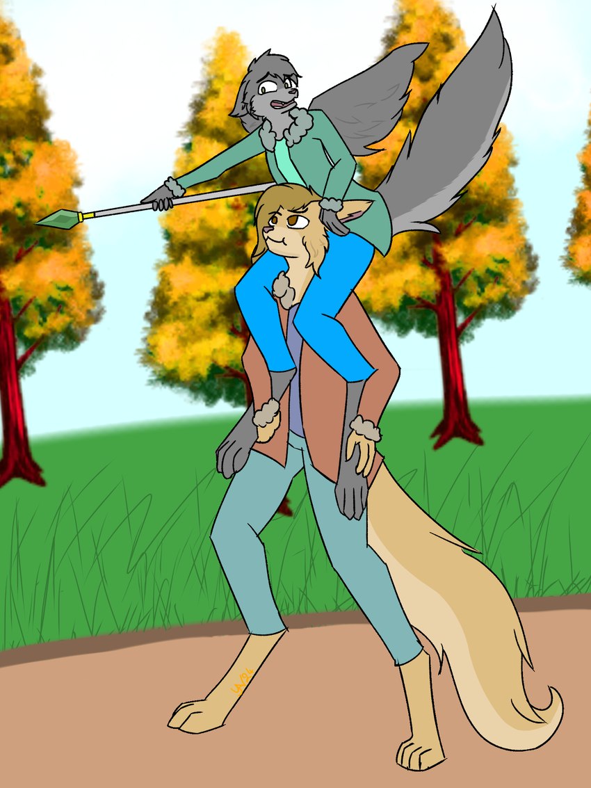 anthro blonde_hair brown_eyes clothed clothing digitigrade duo facial_tuft female fur grey_body grey_fur hair holding_object holding_weapon long_ears male melee_weapon polearm romantic romantic_couple size_difference smaller_male spear tail tuft weapon wings yellow_body yellow_fur yaveton kona_biralla osko_(yaveton) adyjuni felid feline felis lynx mammal vampire 3:4 hi_res