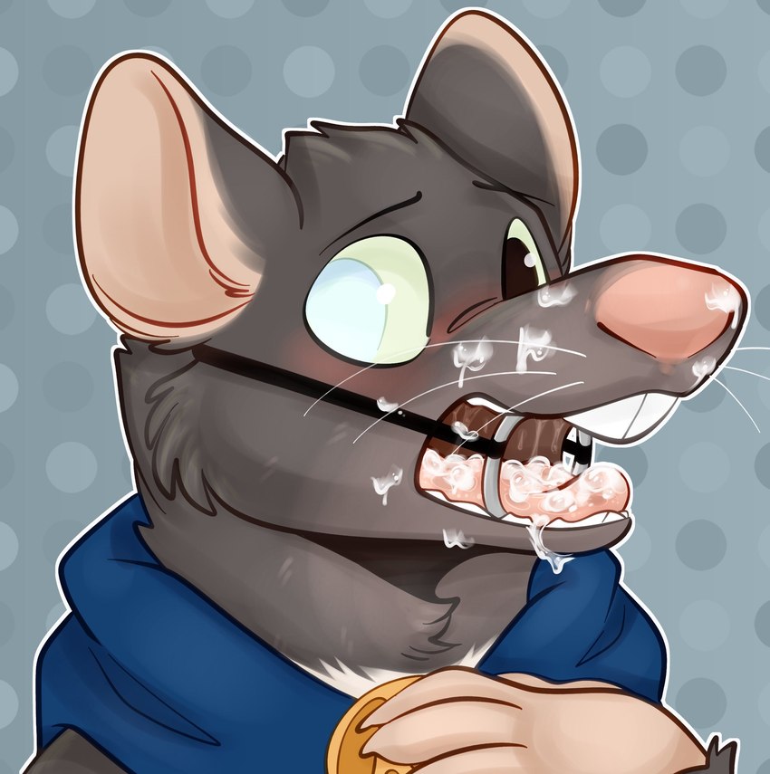 anthro blush bodily_fluids cum cum_in_mouth cum_inside cum_on_face fur gag genital_fluids male open_mouth ring_gag simple_background solo tongue tongue_out pariahpuppy milk_(rodentmilk) mammal murid murine rat rodent hi_res