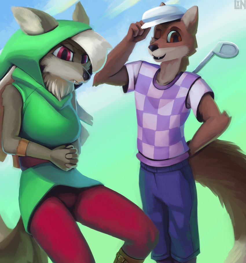 anthro blue_bottomwear blue_clothing blue_shorts bottomwear clothing countershading duo female golf_club gradient green_clothing green_topwear hat headgear headwear male pattern_clothing pattern_shirt pattern_topwear red_bottomwear red_clothing shirt shorts sport tipping_hat topwear lennoxicon terraria golfer_(terraria) shimmered_golfer_(terraria) shimmered_zoologist_(terraria) zoologist_(terraria) canid canine canis fox mammal wolf 2022 absurd_res hi_res