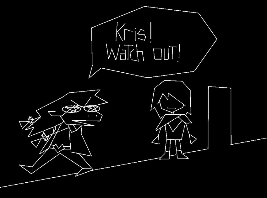 ambiguous_gender anthro duo female polygons text white_line_art hylesannei deltarune kris_where_are_we undertale_(series) vib-ribbon kris_(deltarune) susie_(deltarune) human line_creature mammal monster reptile scalie 2021 black_and_white colored_line_art digital_media_(artwork) english_text meme monochrome