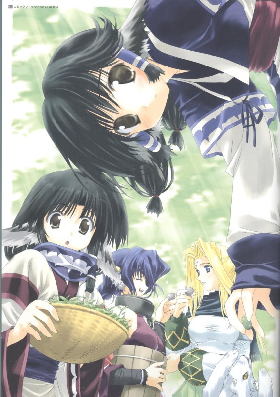 ainu_clothing asian_clothing basket black_hair blonde_hair blue_eyes blue_hair brown_eyes chain clothing collar container east_asian_clothing female group hair japanese_clothing pigtails ponytail unknown_artist utawarerumono aruru eruru gacatara karura_(utawarerumono) urutorii_(utawarerumono) animal_humanoid canid canid_humanoid canine canine_humanoid canis dog_humanoid domestic_dog humanoid mammal mammal_humanoid mikyuum hi_res