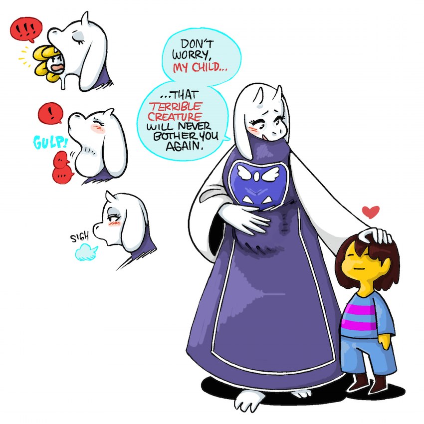 anthro belly blue_clothing brown_hair clothing female flower fur group hair male oral_vore plant simple_background speech_bubble text trio vore white_background white_body white_fur nightmarebros shyguy9 undertale undertale_(series) flowey_the_flower frisk_(undertale) toriel boss_monster_(undertale) bovid caprine elemental_creature flora_fauna flower_creature goat human mammal 1:1 2019 english_text