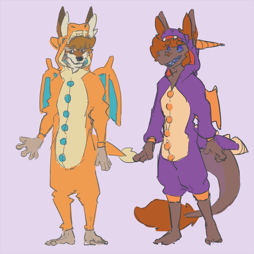 anthro barefoot blue_eyes brown_body brown_eyes brown_fur clothing duo feet fur hair kigurumi onesie onesie_only orange_eyes orange_hair purple_eyes smile smiling_at_another smiling_at_each_other tail tail_tuft tuft beefrequency mythology canid canine canis coyote dragon mammal mythological_creature mythological_scalie scalie 1:1