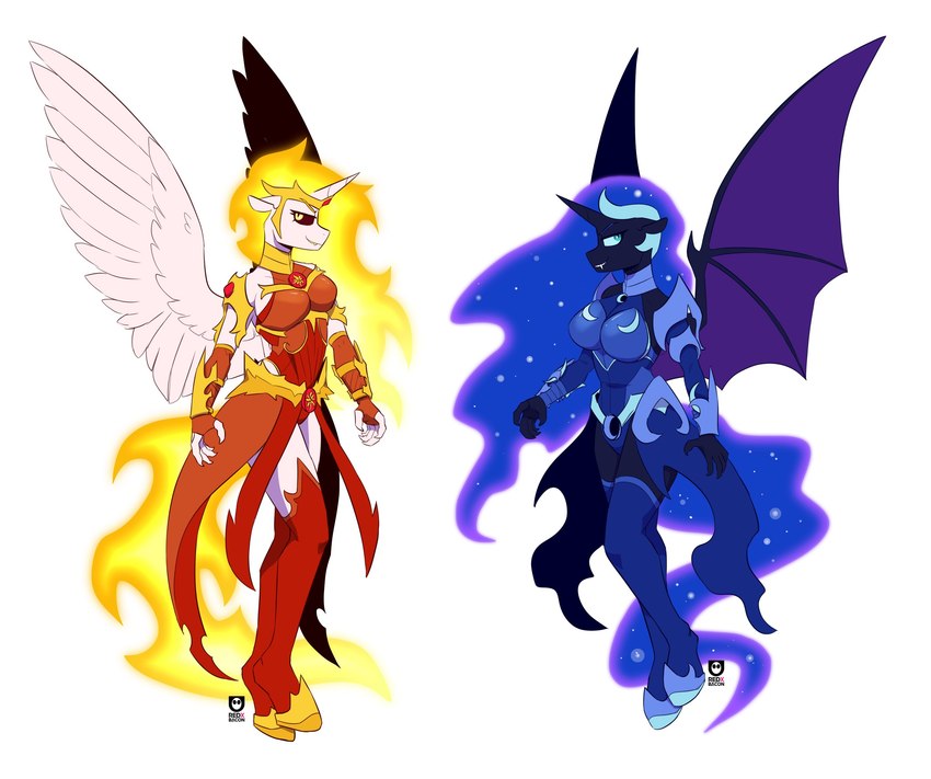 alternate_species amber_eyes anthro anthrofied armor black_body black_sclera blue_eyes blue_eyeshadow blue_hair blue_tail clothing duo ethereal_hair ethereal_tail eyeshadow fangs feathered_wings feathers female fire flaming_hair flaming_tail fur hair horn legwear makeup membrane_(anatomy) membranous_wings pseudo_hair purple_wings simple_background sparkles stockings tail teeth white_background white_body white_fur wings redxbacon friendship_is_magic hasbro my_little_pony mythology daybreaker_(mlp) nightmare_moon_(mlp) bat_pony equid equine mammal mythological_creature mythological_equine winged_unicorn hi_res