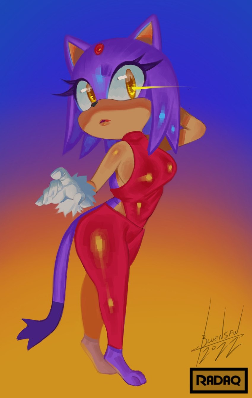 5_fingers anthro big_breasts breasts clothed clothing dress eyelashes feet female fingers fur gloves hair handwear lipstick makeup open_mouth purple_body purple_fur red_clothing red_dress side_boob simple_background solo toes yellow_eyes blulesnsfw radaq sega sonic_the_hedgehog_(series) blaze_the_cat domestic_cat felid feline felis mammal 2022 artist_name digital_media_(artwork) hi_res