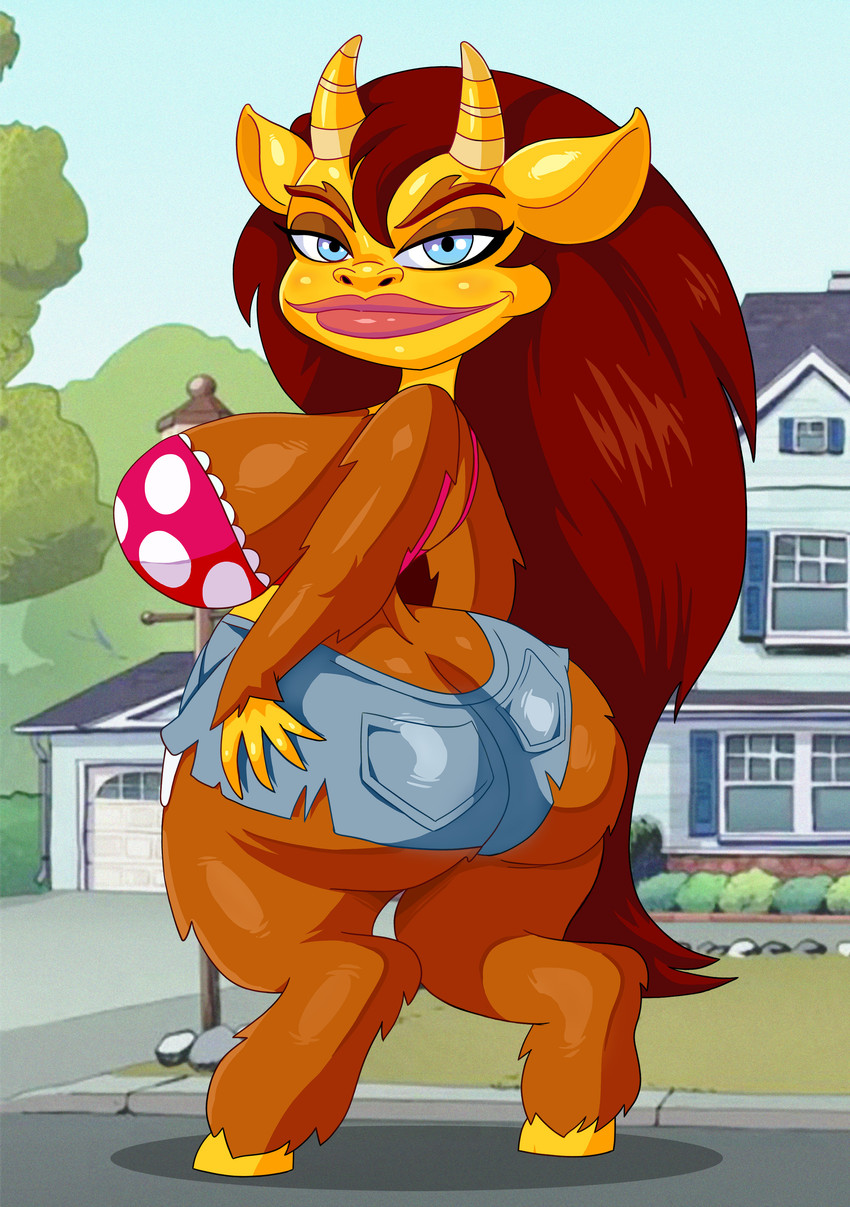 big_breasts big_butt bikini bikini_top blue_eyes bottomwear breasts brown_body brown_fur brown_hair building butt clothed clothing curvy_figure female figurine fur hair hooves horn hourglass_figure house looking_at_viewer shorts smile solo swimwear topwear two-piece_swimsuit voluptuous adultart big_mouth_(series) horns_and_hooves netflix connie_(big_mouth) animal_humanoid bovid caprine hormone_monster humanoid mammal monster satyr absurd_res hi_res