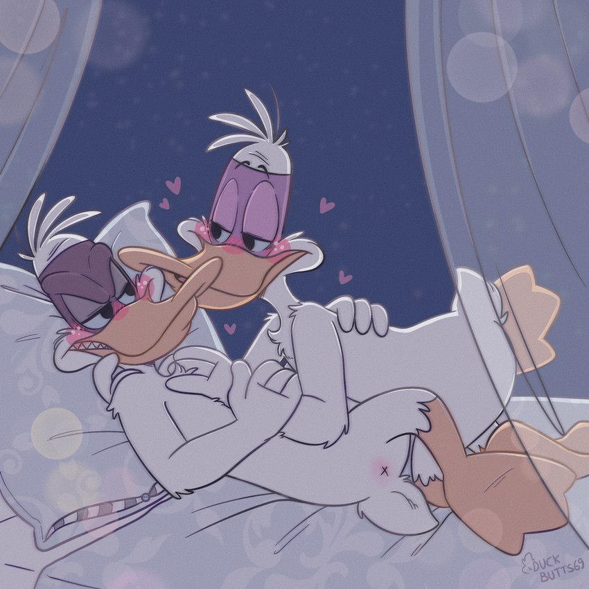 angry anthro anus bed bedroom_eyes blush duo furniture heart_symbol male male/male narrowed_eyes nude pillow seductive duckbutts darkwing_duck disney ducktales drake_mallard negaduck anatid anseriform anserinae avian bird duck 1:1 hi_res