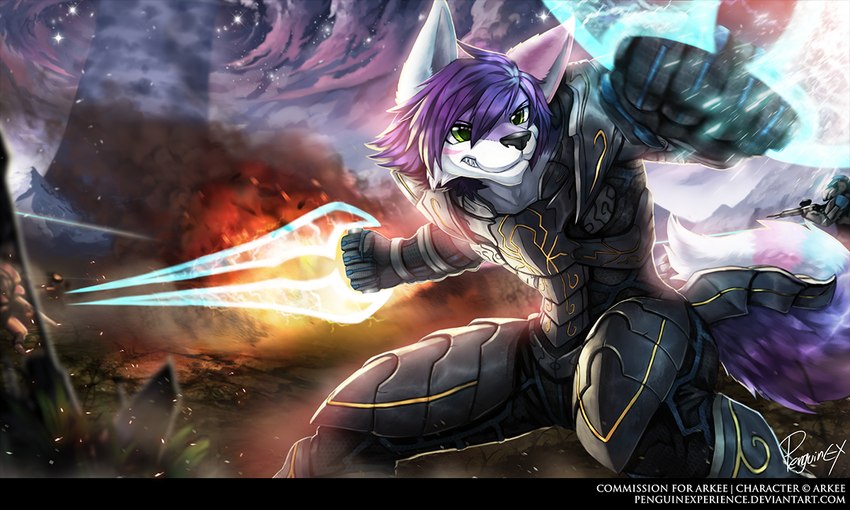 anthro armor bared_teeth biped black_nose clothed clothing energy_sword fur glistening glistening_eyes green_eyes hair holding_melee_weapon holding_object holding_sword holding_weapon male melee_weapon purple_body purple_fur purple_hair short_hair solo standing sword text weapon white_body white_fur penguinexperience halo_(series) microsoft xbox_game_studios arkee canid canine fox mammal 5:3 english_text signature url