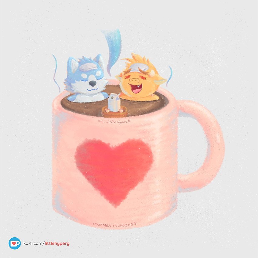 anthro beverage bff coffee coffee_mug container cup duo heart_symbol male milk mug sparkles text towel littlehyper ko-fi bovid bovine canid canine canis cattle mammal wolf 1:1 url