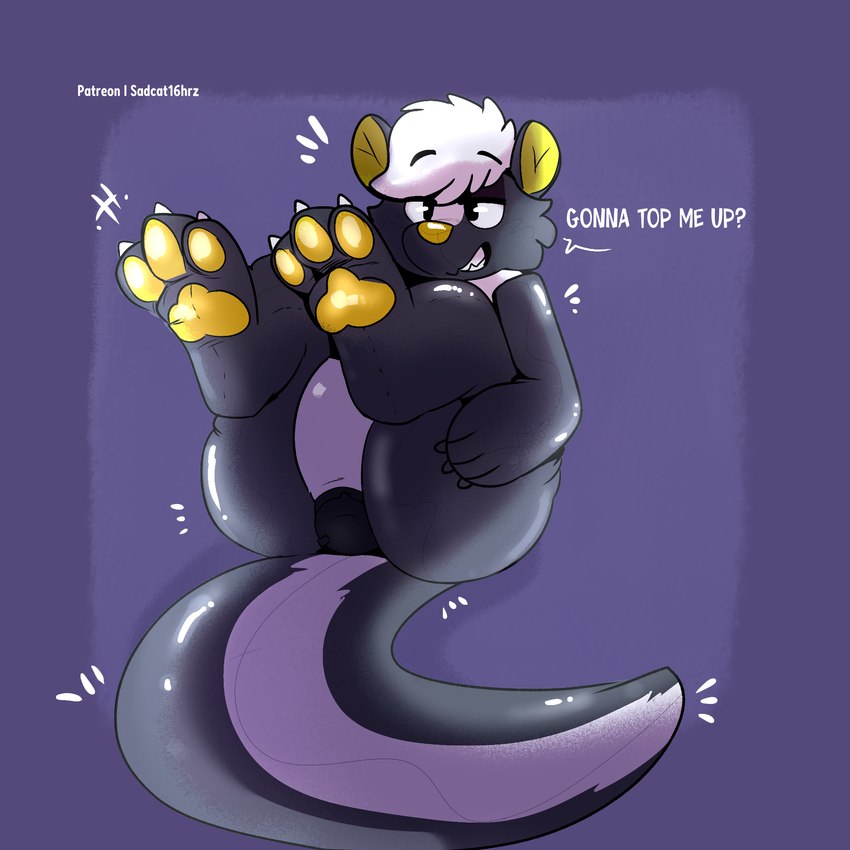 black_body feet foot_focus gesture hair inflatable inflatable_toy looking_back male patreon_username pawpads paws pool_toy purple_background simple_background smile solo squeaking suggestive suggestive_gesture suggestive_pose text toony translucent translucent_body white_hair yellow_nose yellow_pawpads conditional_dnp sadcat16hrz patreon skribbleskunk animate_inanimate living_inflatable mammal mephitid skunk 1:1 cel_shading hi_res shaded url