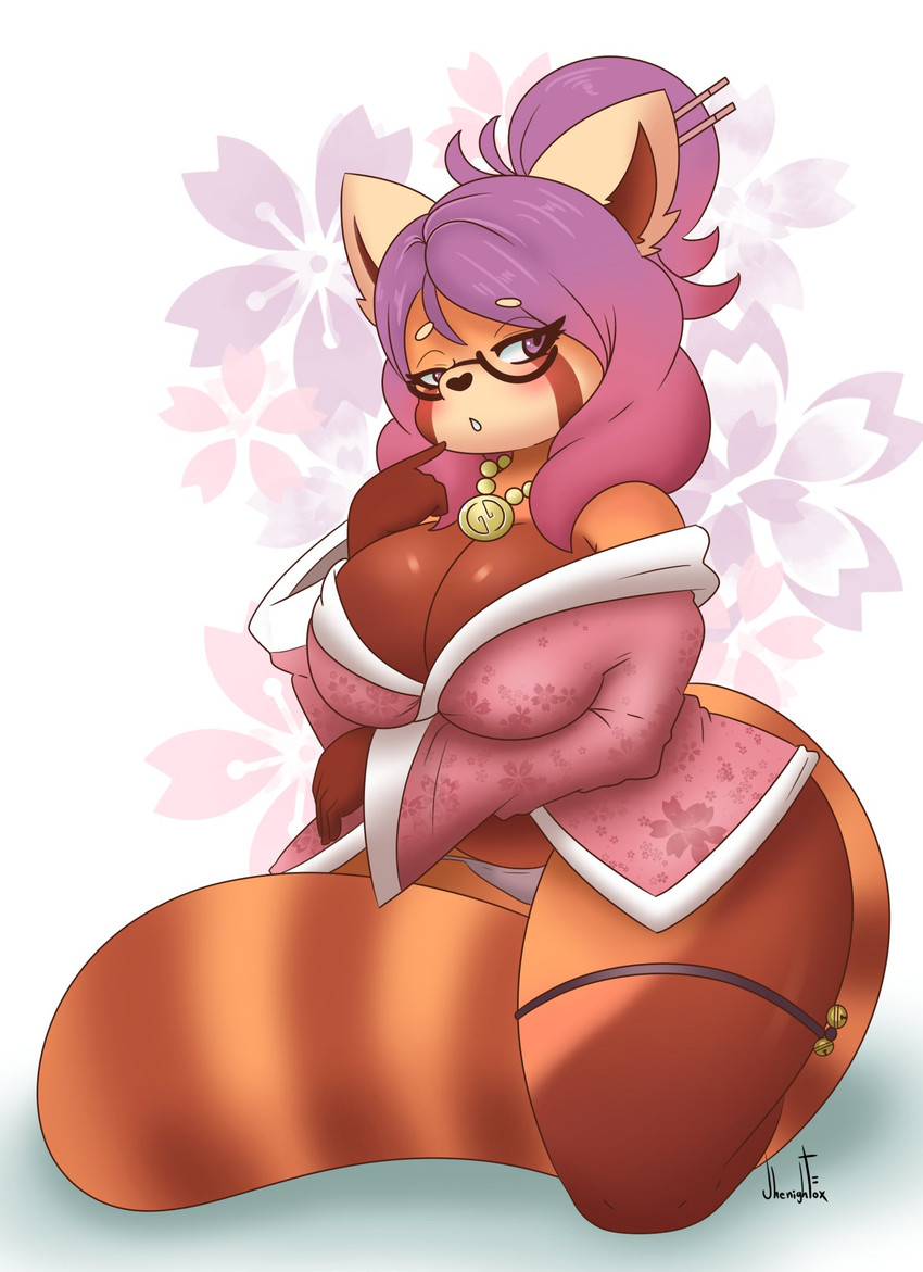 anthro big_breasts blush breasts clothing eyewear female floral_background glasses hair jewelry looking_at_viewer necklace panties purple_eyes purple_hair solo thick_thighs underwear wide_hips jhenightfox seiko_(chewycontroller) ailurid mammal red_panda hi_res